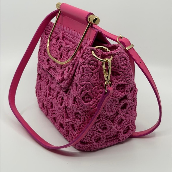 Hot Pink Crochet Crossbody Bag with Gold Handle handmade crochet bag - Picture 2 of 10